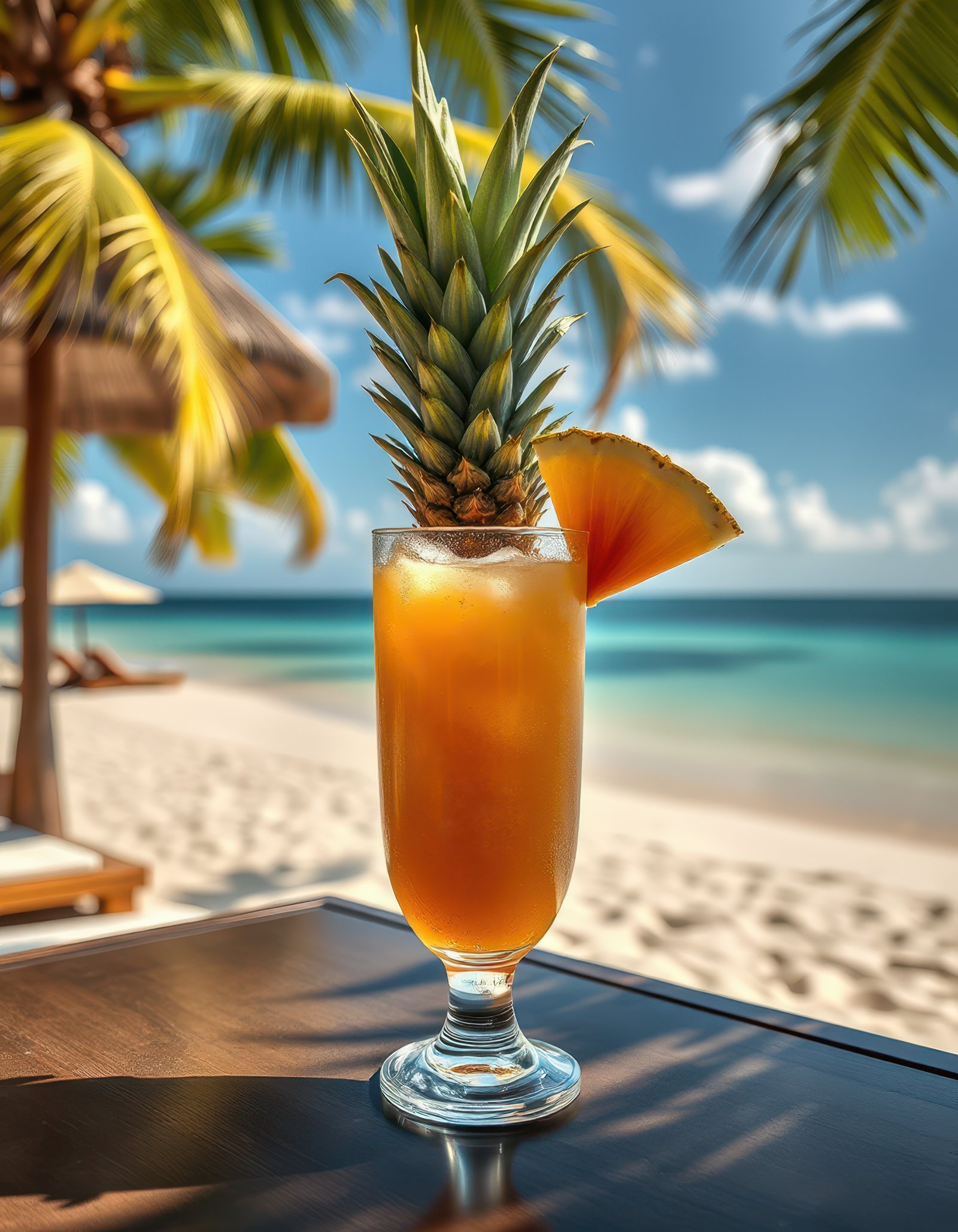 Refreshing tropical drink served in a glass garnished with a pineapple slice at a beachside location during a sunny day